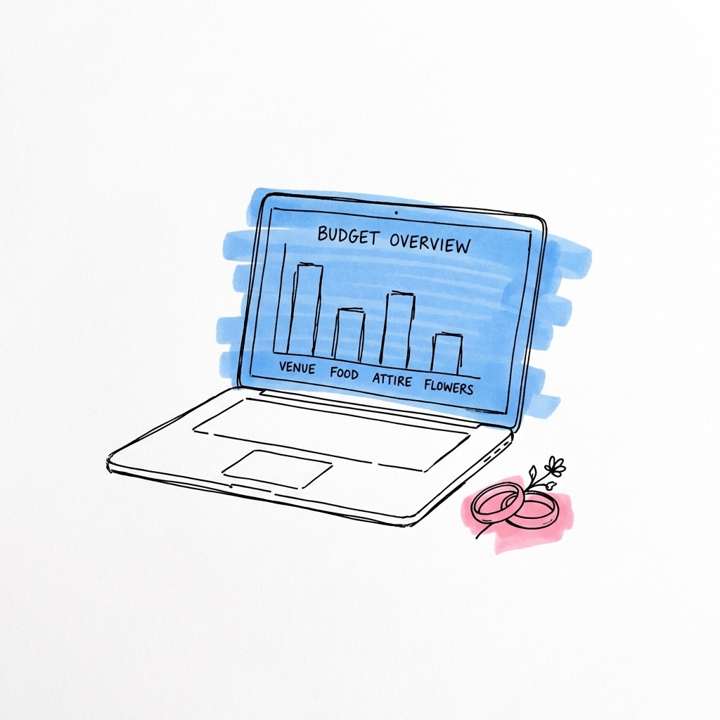 Laptop med budgetöversikt och bröllopsringar bredvid