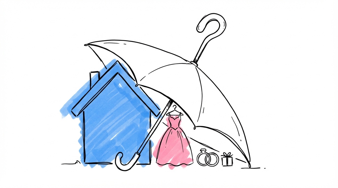 Hus med skyddande paraply och bröllopsföremål som delvis skyddas