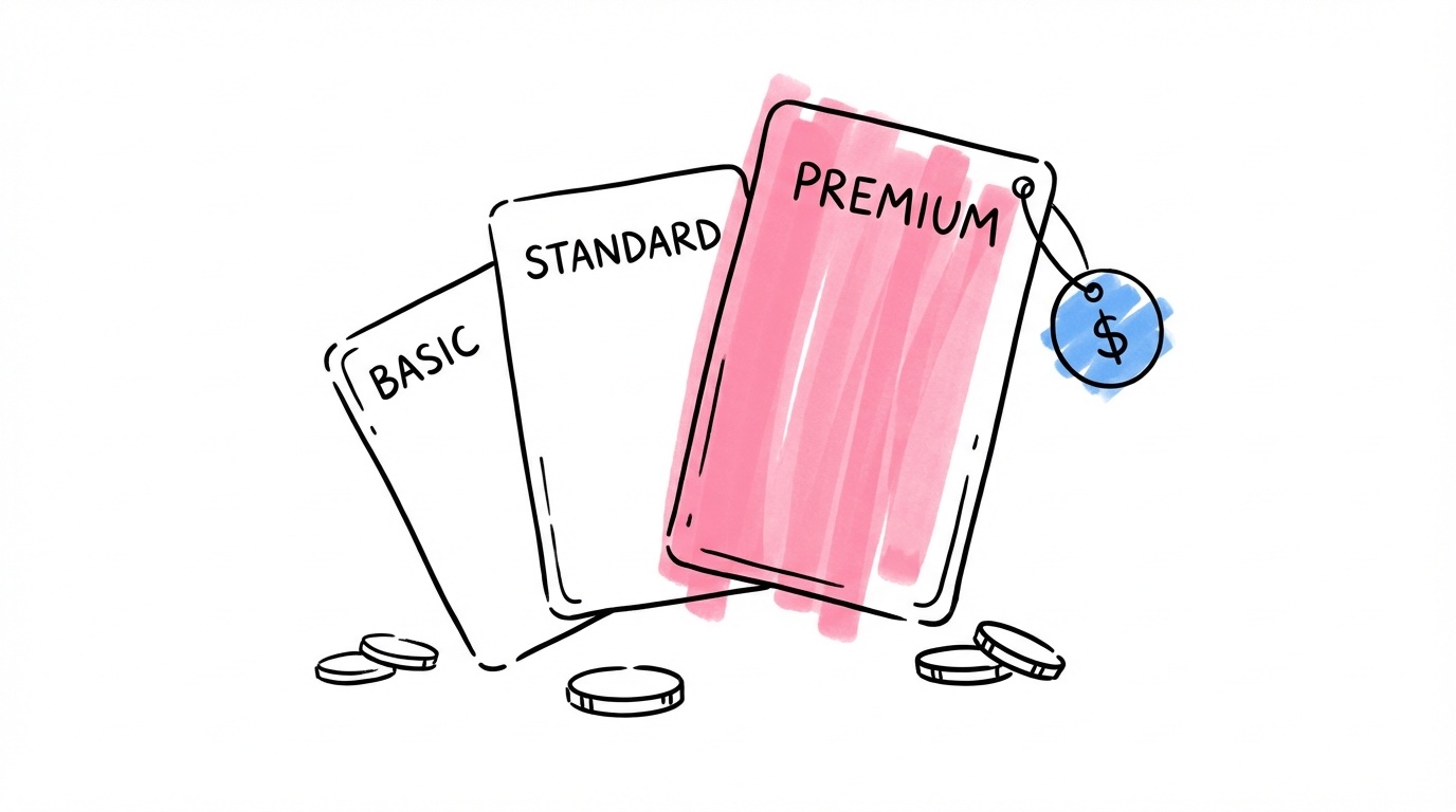 Tre försäkringsnivåer som kort med stigande storlek och prislapp