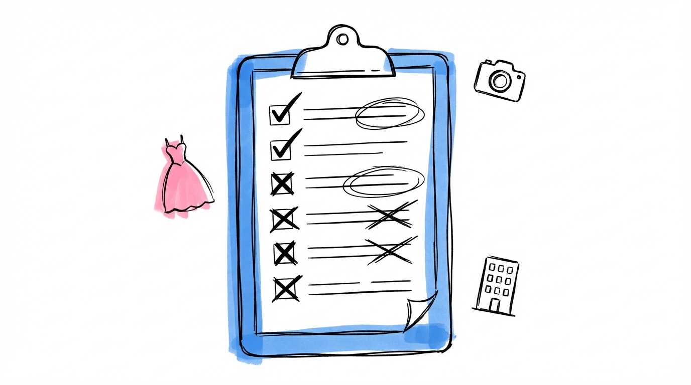 Checklista med bockar och kryss omgiven av ikoner för klänning, kamera och lokal