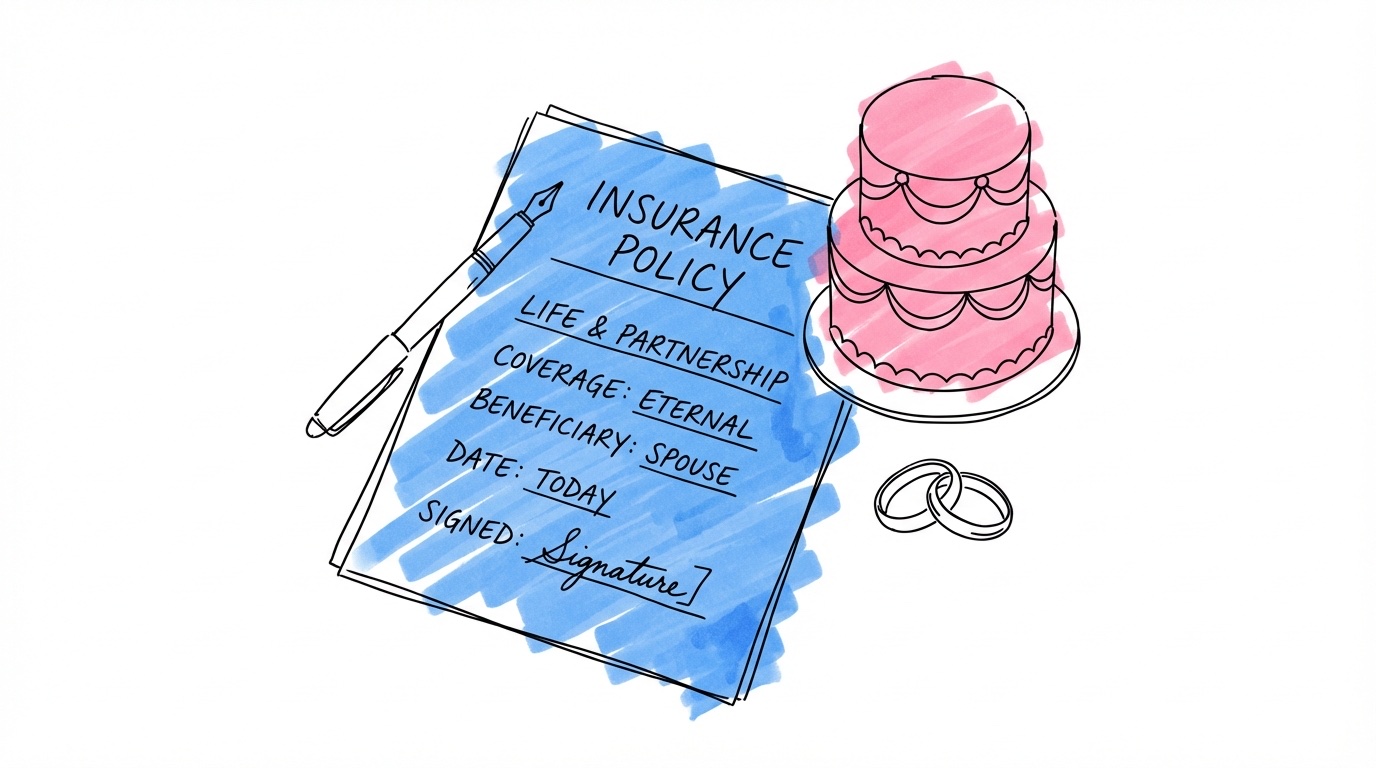 Försäkringsdokument med bröllopstårta och ringar i Lovios illustrationsstil