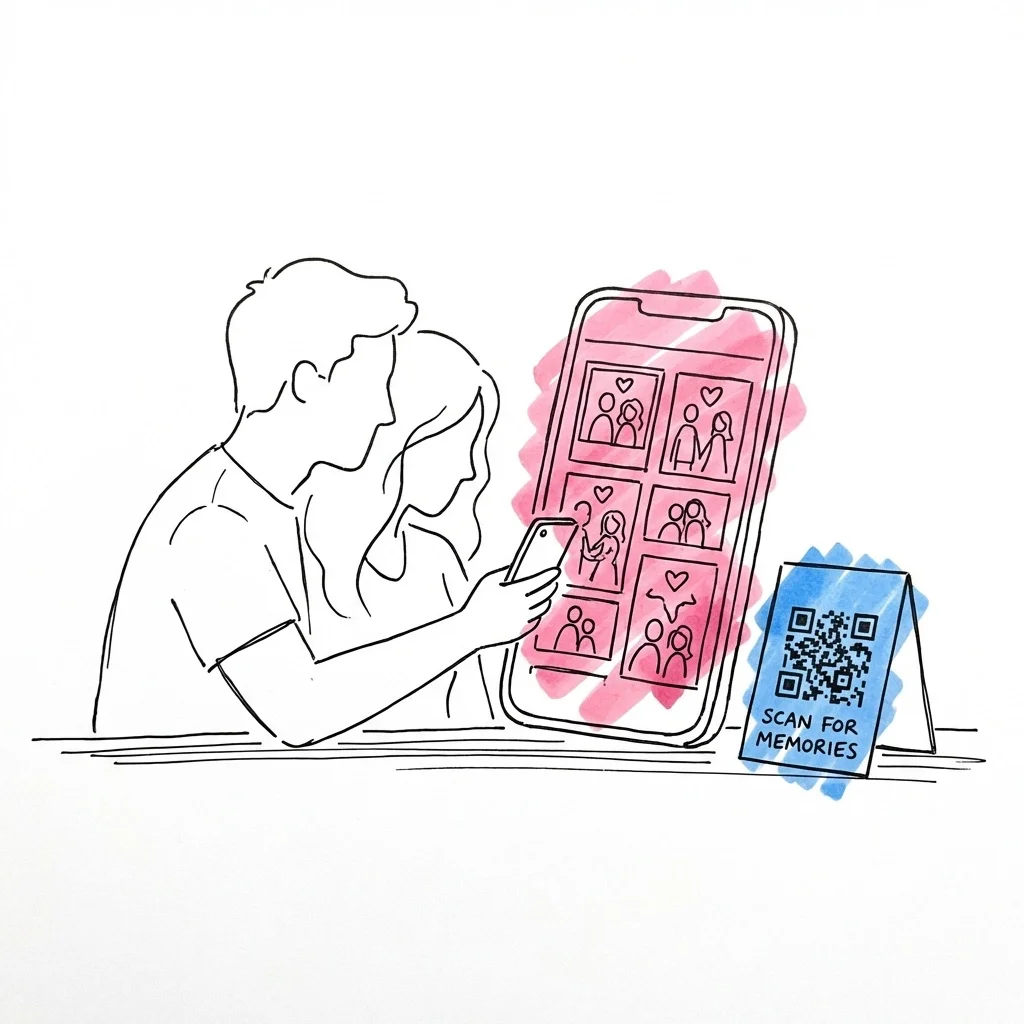 Par tittar på bröllopsfoton på en telefon med QR-kod