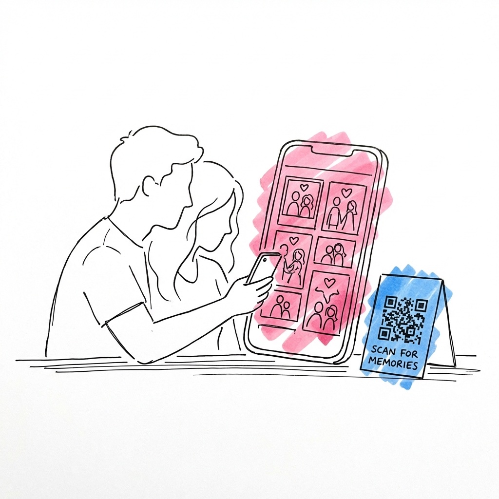 Par tittar på bröllopsfoton på en telefon med QR-kod