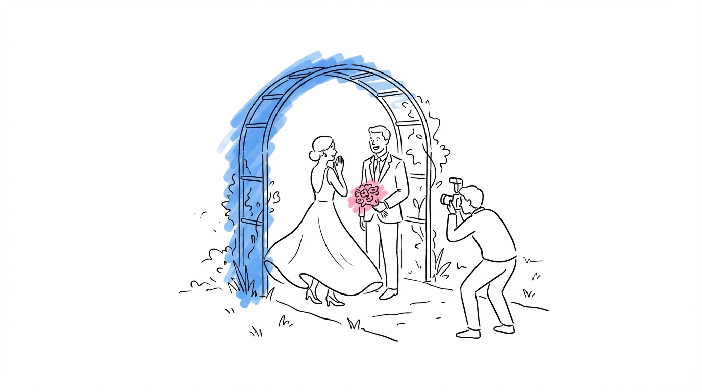 Par som ser varandra för första gången på bröllopsdagen i en avskild trädgård