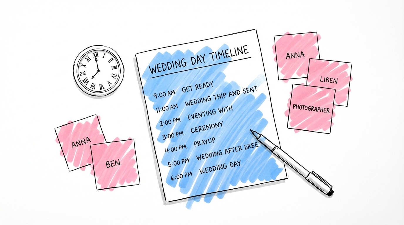 Ovifrån-vy av skrivbord med bröllopstidslinje, klocka och klisterlappar med namn