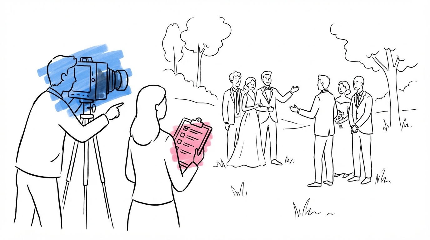 Fotograf dirigerar en stor bröllopsgrupp utomhus för gruppfoto