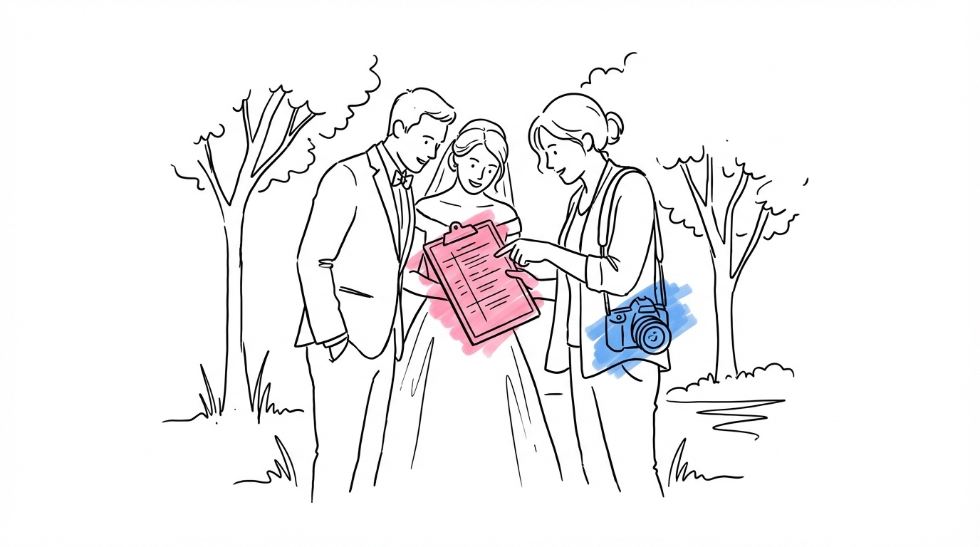 Brudpar och fotograf går igenom ett fotoschema utomhus vid bröllopslokal