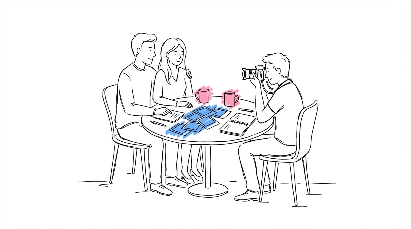 Par sitter med en fotograf på ett kafé och planerar bröllopsfotografering