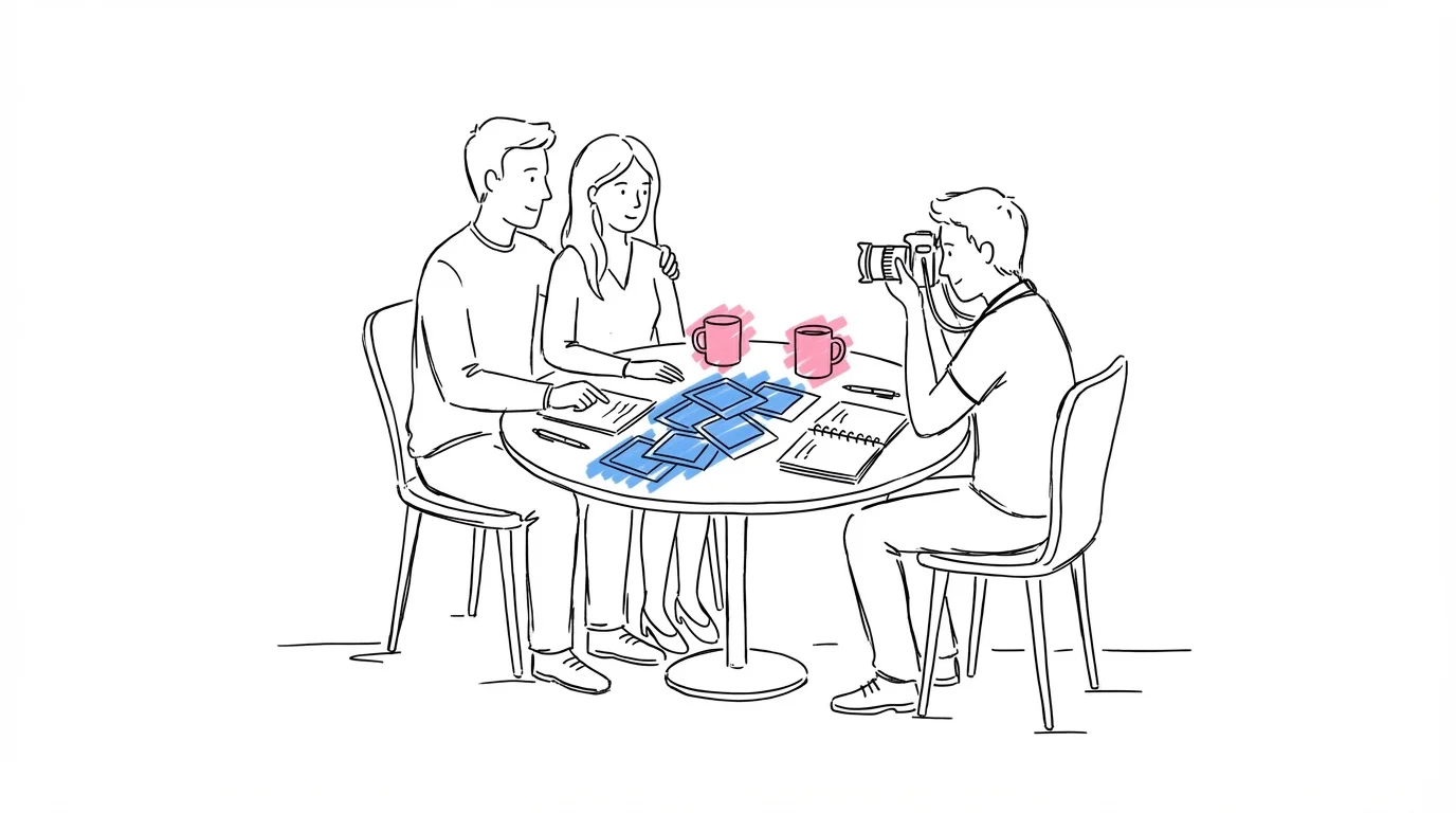 Par sitter med en fotograf på ett kafé och planerar bröllopsfotografering