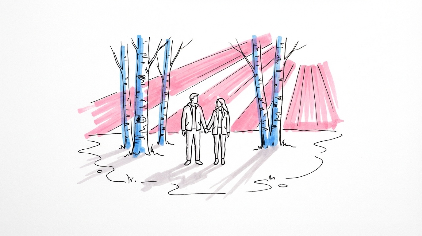 Par i kvällsljus på en äng med björkar i bakgrunden — golden hour