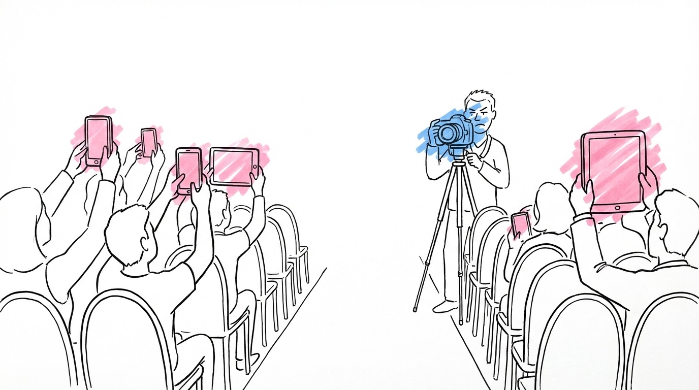 Gäster håller upp mobiler i mittgången under vigsel