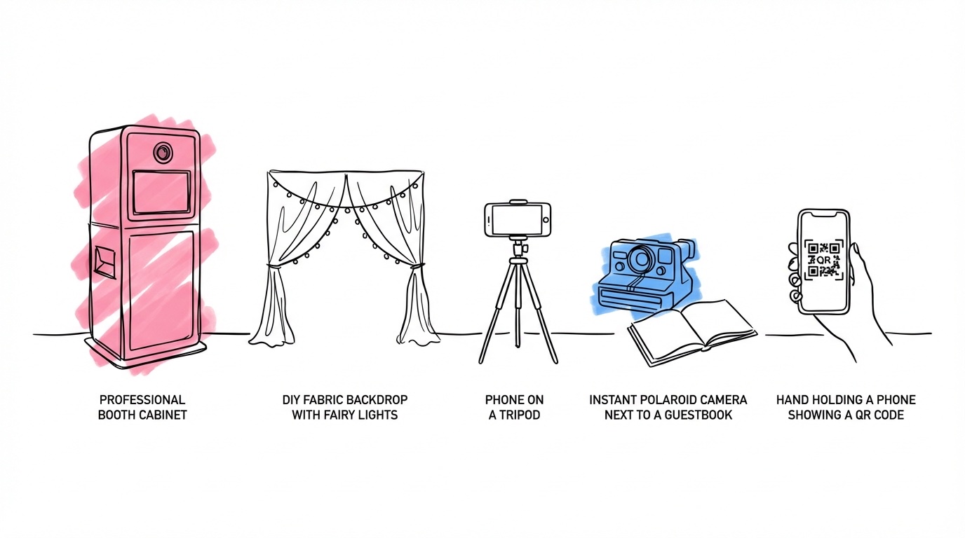 Fem fotobåsalternativ sida vid sida — professionell booth, DIY-bakgrund med ljusslingor, mobil på stativ, polaroidkamera och QR-kod