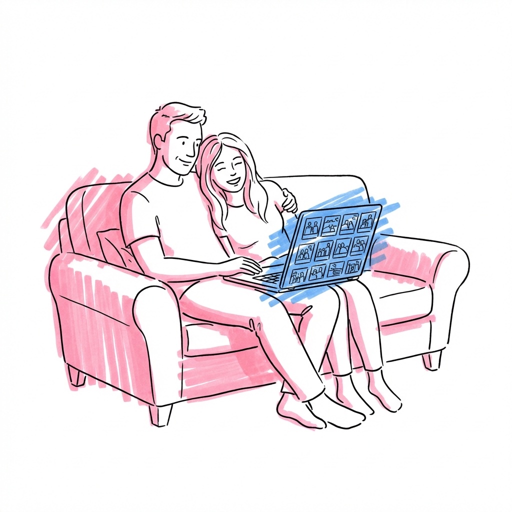 Ett par som sitter i en soffa och tittar på en laptopskärm fylld med bröllopsfotosmosaik från gästerna