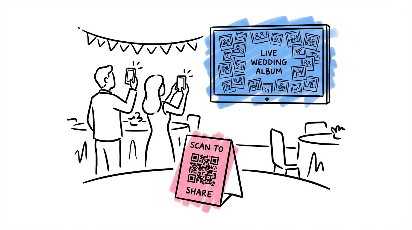 Bröllopsfest där gäster håller upp sina mobiler och fotar, en storskärm visar livebildspel och ett bordskort med QR-kod i förgrunden