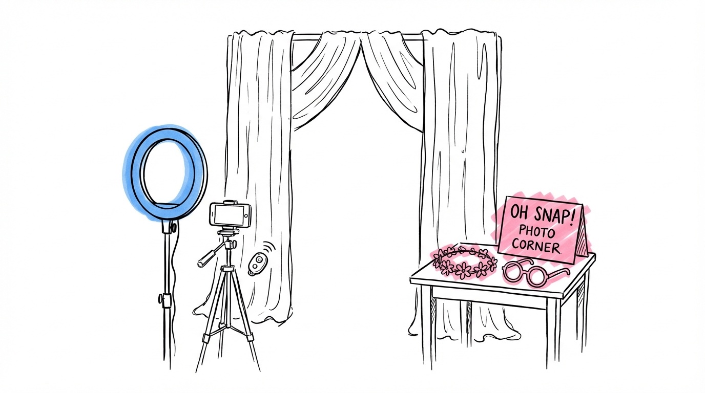 Mysig DIY fotohörna med tygbakgrund, ringlampa, mobil på stativ och rekvisita som blommkronor och roliga glasögon