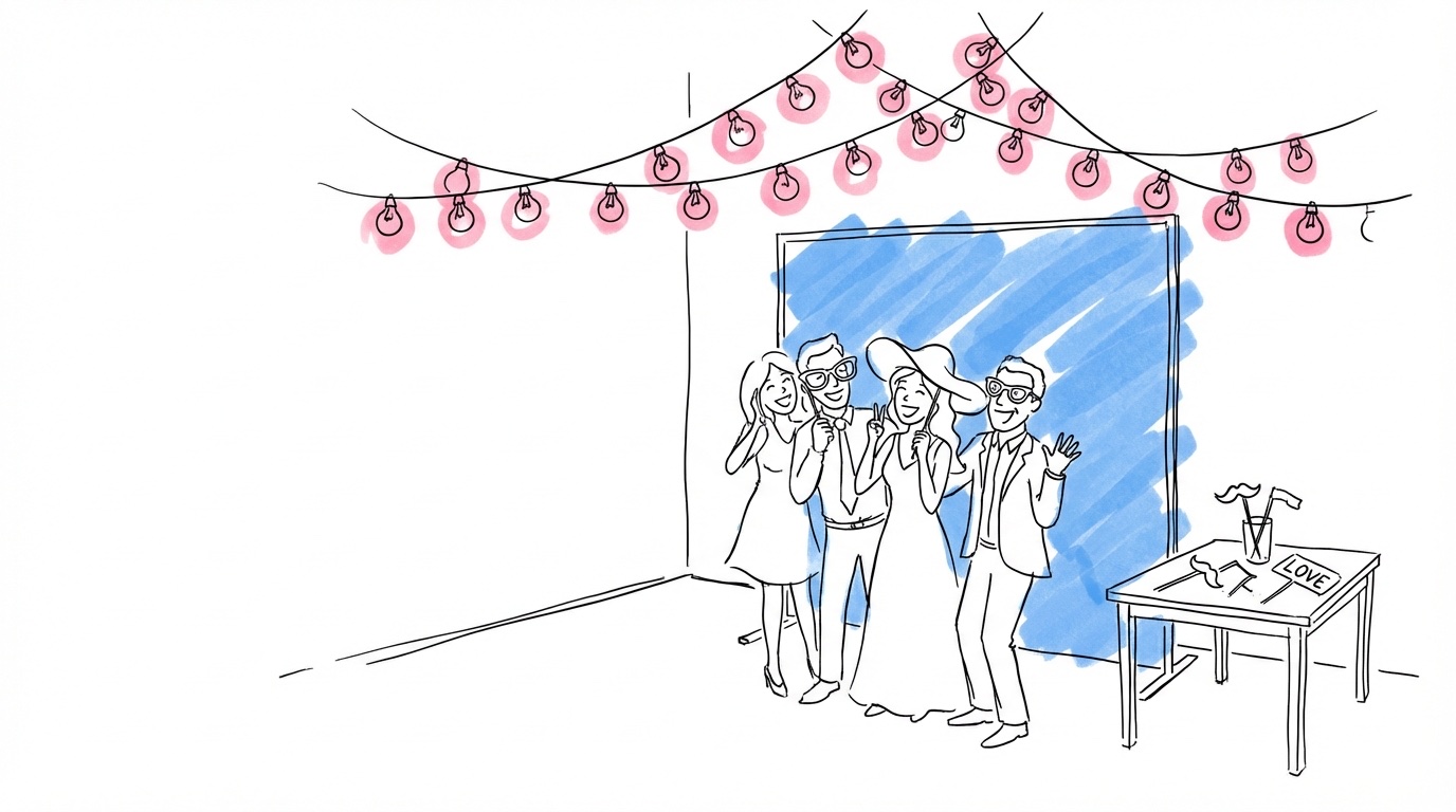 Festlig fotobås-hörna på ett bröllop med gäster som skrattar och poserar, ljusslingor och rekvisita