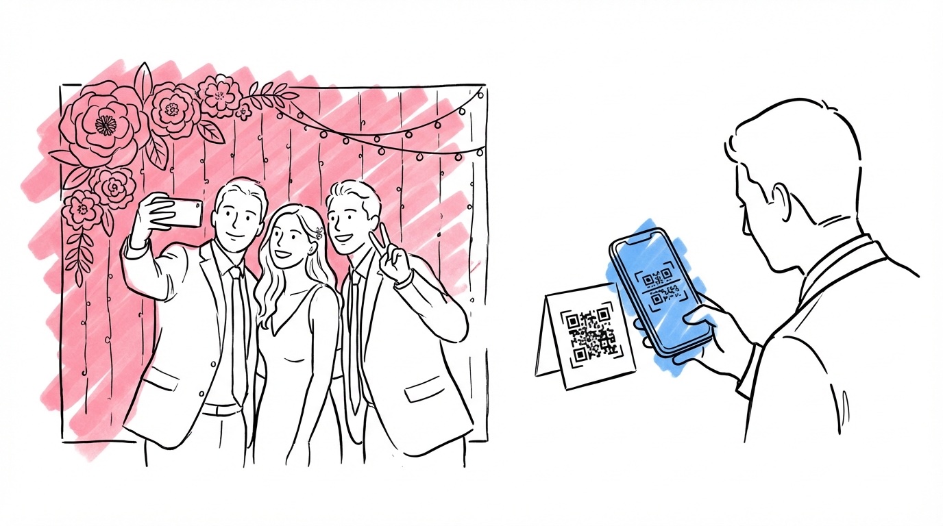 Bröllopsgest som tar en selfie med vänner framför en dekorerad fotobakgrund medan en annan gäst skannar en QR-kod på ett bordskort