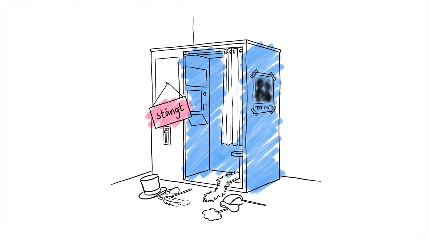 Mörkt hörn i en lokal med en övergiven fotobås — inga gäster, en stängd-skylt, spridda oanvända rekvisita på golvet