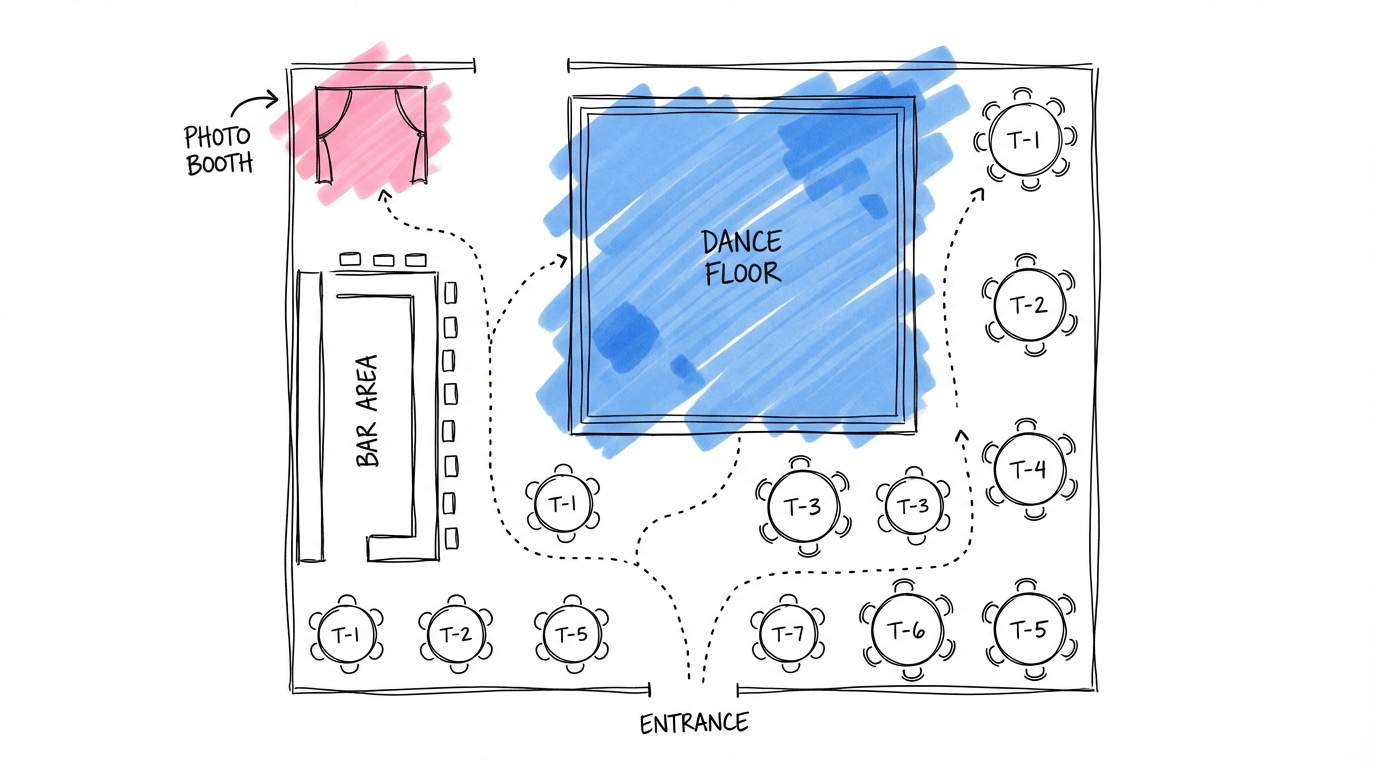 Fågelperspektiv på en planlösning av en bröllopslokal med dansgolv, bar och bord, med fotobåsstation markerad nära baren