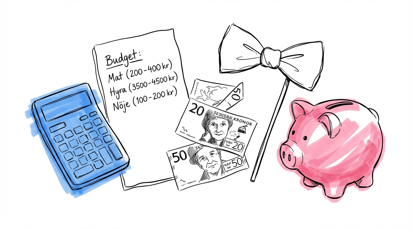 Skrivbord med miniräknare, budgetanteckningar med prisintervall, svenska sedlar och en stor fluga som rekvisita bredvid en spargris