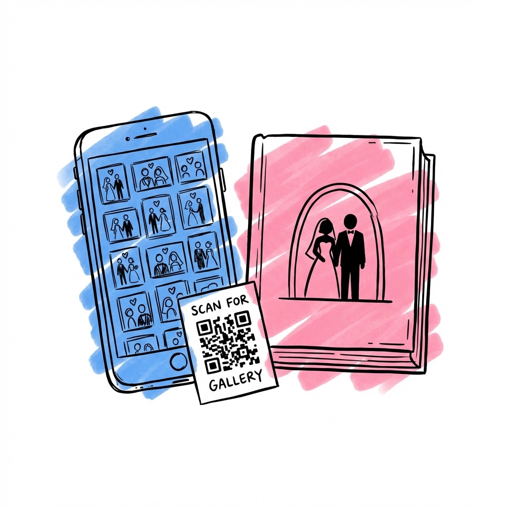 Smartphone med ett fotogalleri fullt av bröllopsbilder bredvid en färdig fotobok och ett litet QR-kodskort