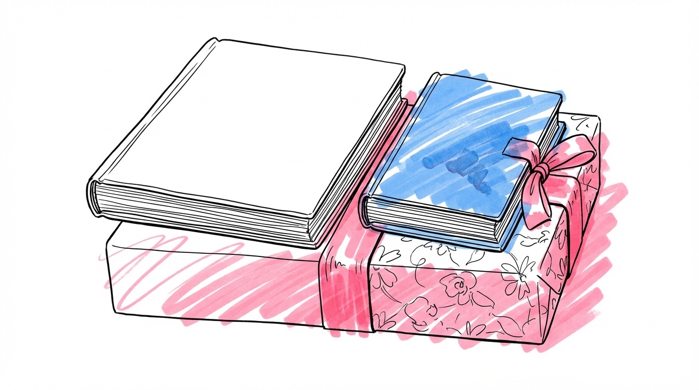 Två fotoböcker bredvid varandra — en stor och en mindre med band runt, liggande på en presentask