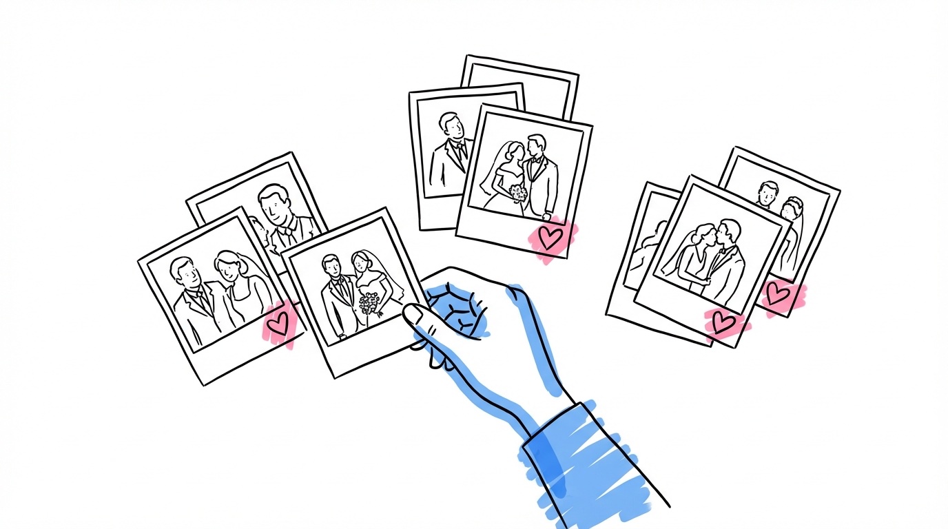 Skrivbord ovanifrån med utskrivna foton sorterade i grupper, små hjärtklistermärken på favoriter, en hand som flyttar ett foto