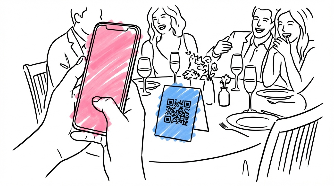 Bröllopsgäst som håller upp en telefon och scannar en QR-kod på ett bordskort, andra gäster skrattar och fotar vid ett festbord