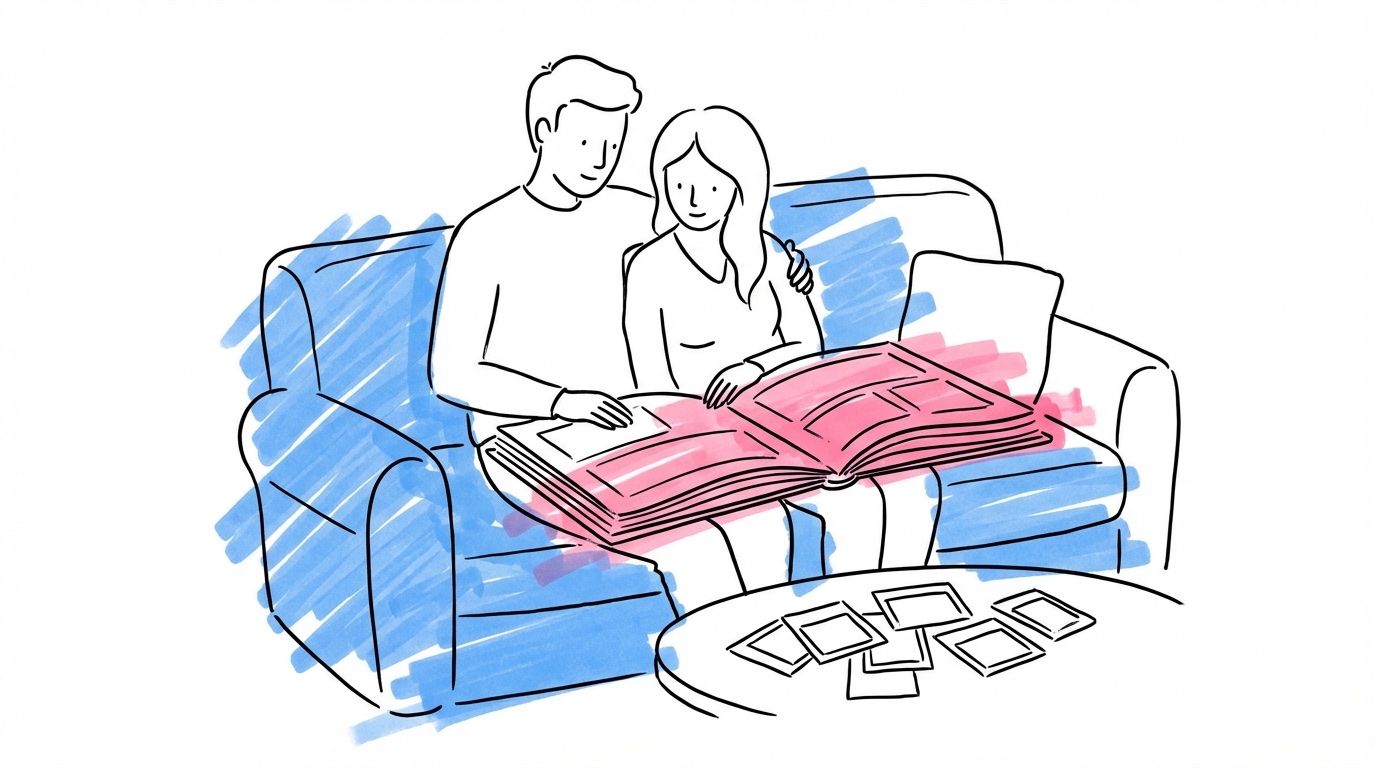 Par som sitter i en soffa och bläddrar i en stor öppen bröllopsfotobok, med lösa utskrifter på soffbordet