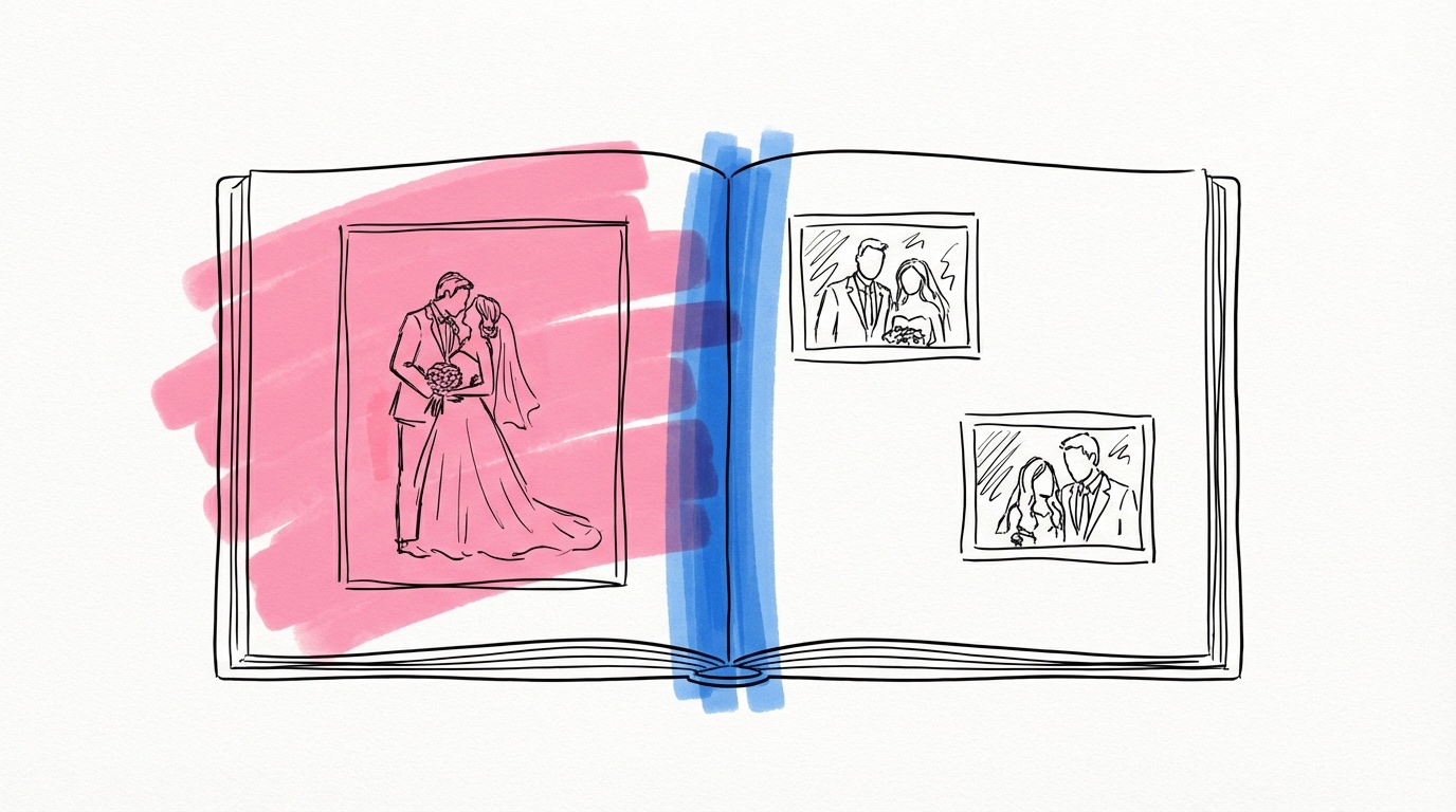 Öppen fotobok med ren layout — en sida med ett stort bröllopsfoto, motstående sida med två mindre bilder och generösa vita marginaler