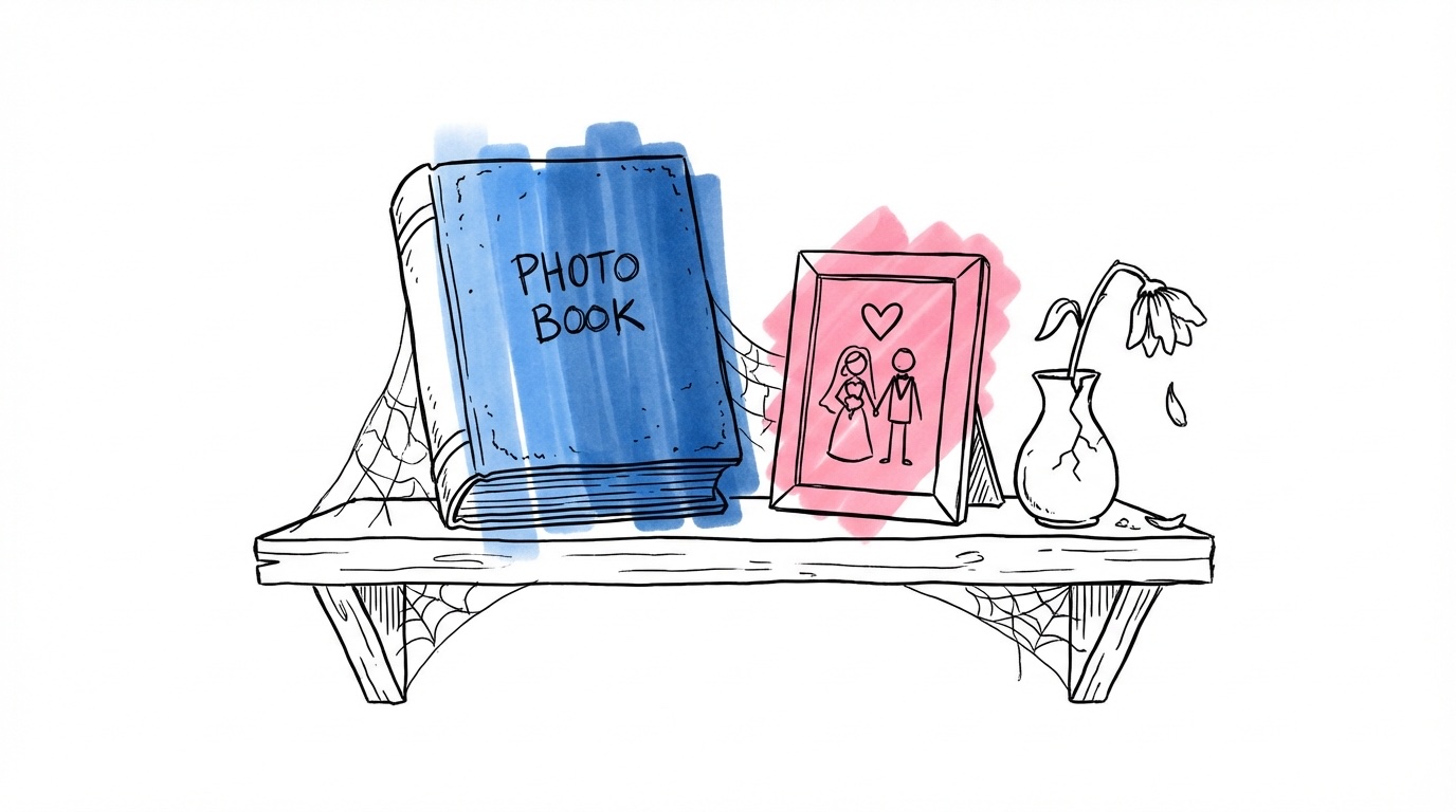 Dammig fotobok på en hylla med spindelnät, bredvid en inramad bröllopsbild och en visnande blomma