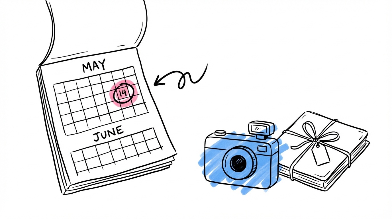 Kalendersida med markerade månader och en pil från bröllop till fotobok klar, med en kamera och inpackad fotobok bredvid