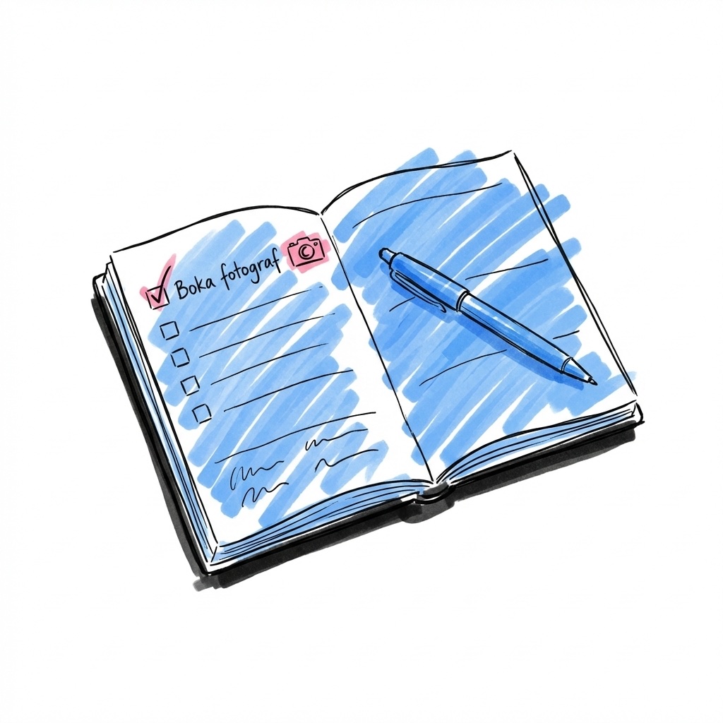 En telefon som visar Lovios planeringsverktyg med uppgifter och tidslinje, i Lovios rosa och blå illustrationsstil