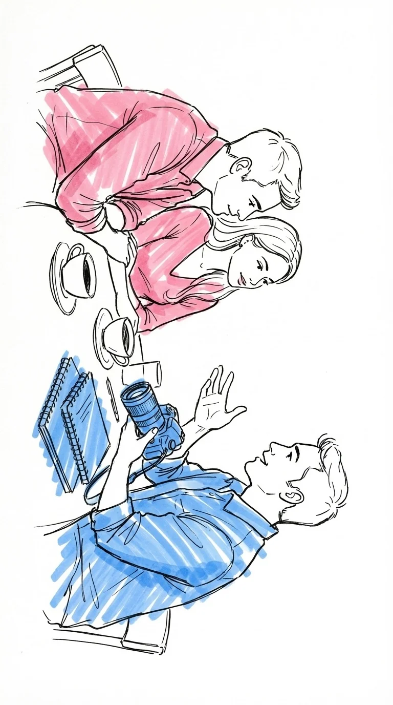 Ett par i samtal med en fotograf, med anteckningsblock och kamera på bordet, i Lovios rosa och blå illustrationsstil