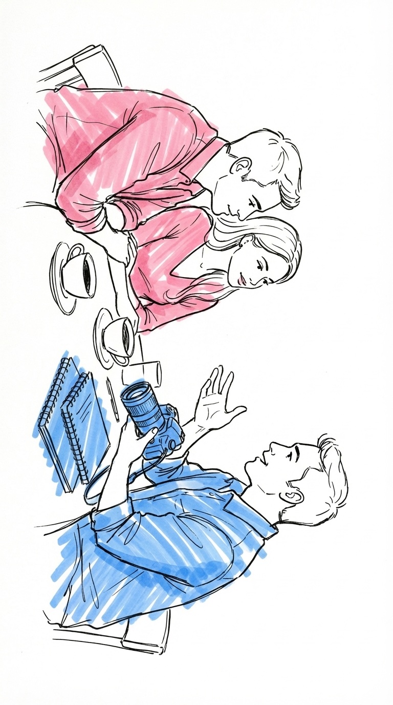 Ett par i samtal med en fotograf, med anteckningsblock och kamera på bordet, i Lovios rosa och blå illustrationsstil