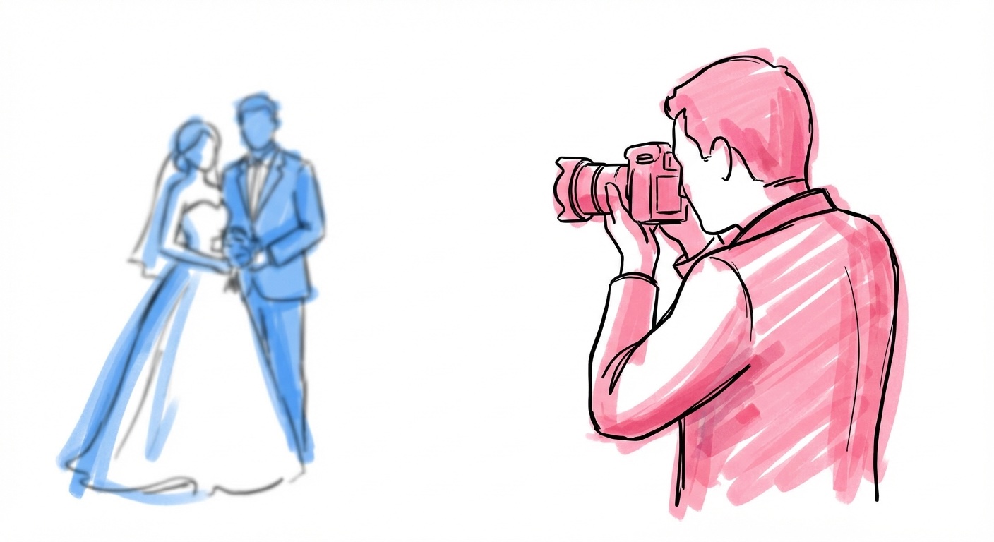 Bröllopsfotograf fotograferar ett brudpar under bröllopsdagen