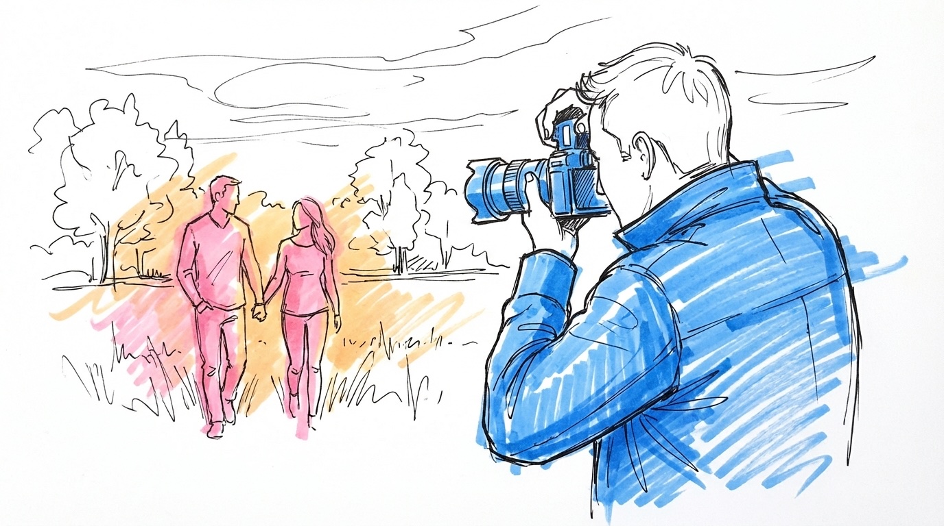 Ett par som granskar en bröllopsfotografs portfolio tillsammans, i Lovios rosa och blå illustrationsstil