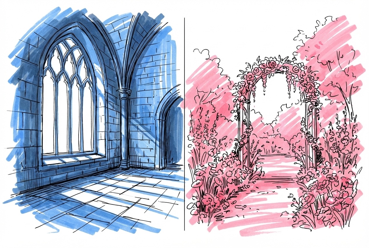 Olika bröllopsplatser — slott, trädgård och strandlokal — med en fotograf som arbetar, i Lovios rosa och blå illustrationsstil