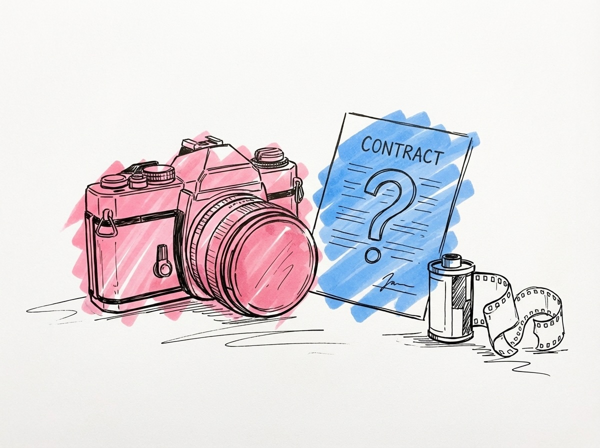 Ett par som ser frustrerade ut när de granskar foton som inte matchar deras förväntningar, i Lovios rosa och blå illustrationsstil