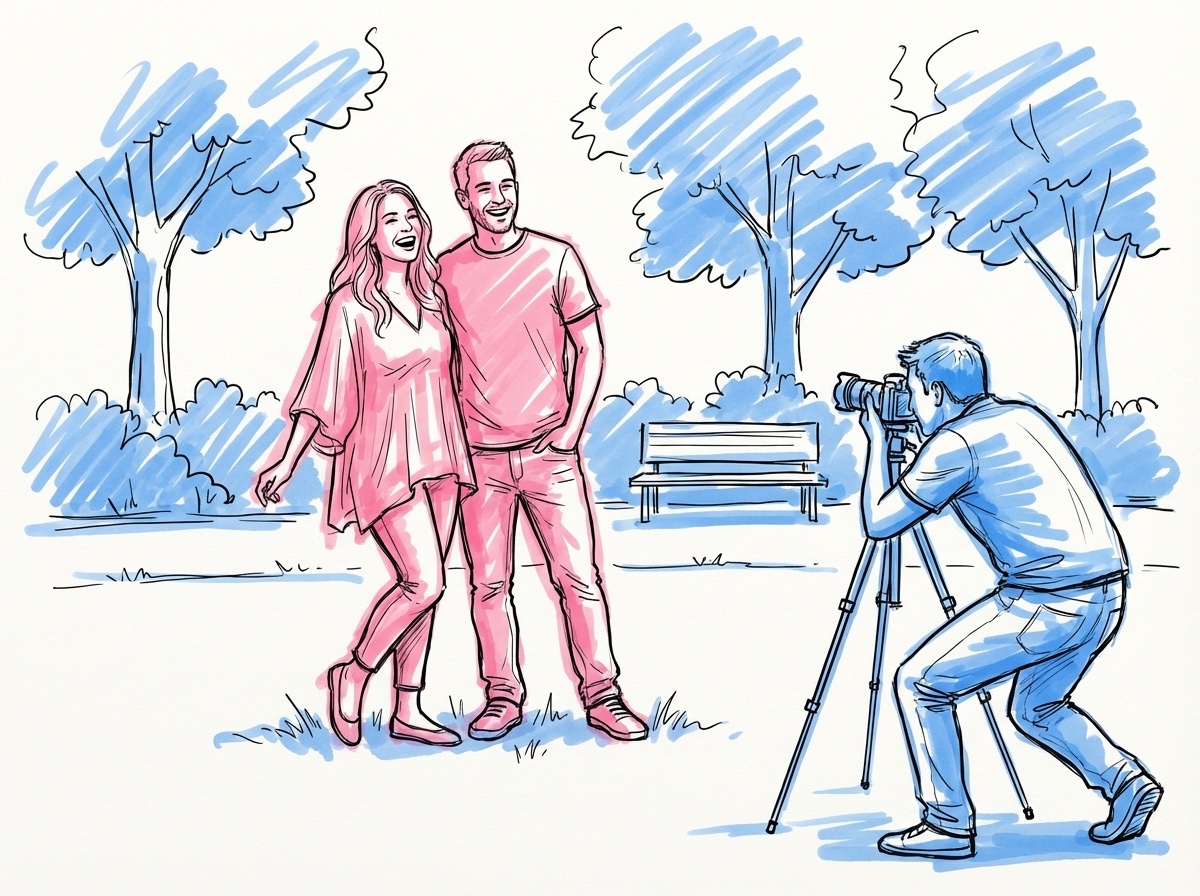 Ett par under en provfotografering i en park, fotografen i bakgrunden, i Lovios rosa och blå illustrationsstil