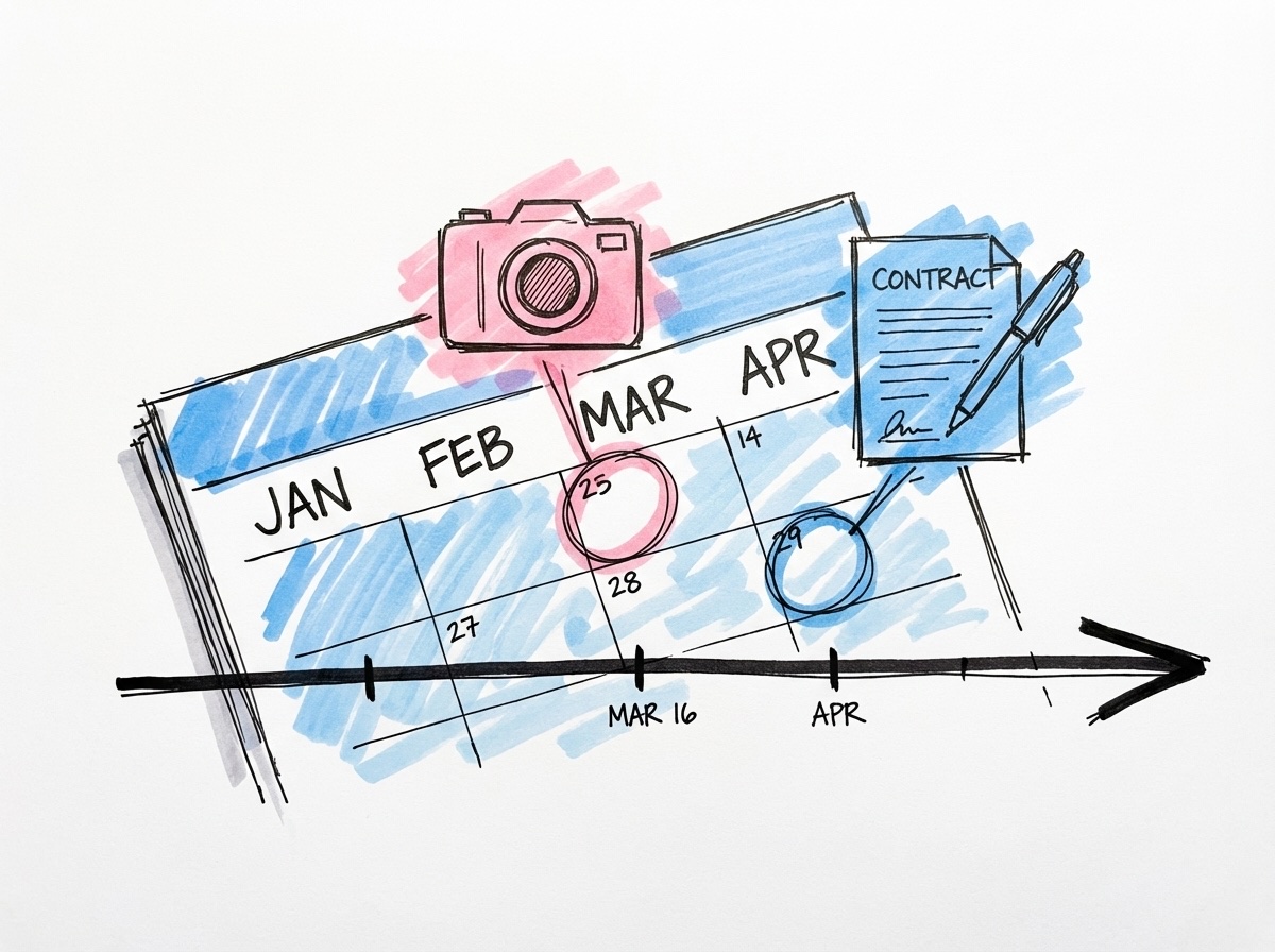 En tidslinje med milstolpar för att boka bröllopsfotograf, i Lovios rosa och blå illustrationsstil