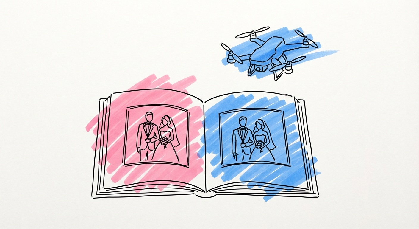 Tillägg som second shooter, album och drönare för bröllopsfotografering