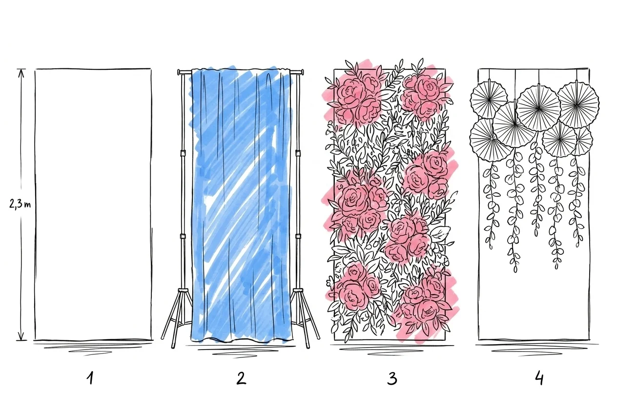 Fyra bakgrundsalternativ sida vid sida i samma skala — bar enfärgad vägg, vertikal tygduk mellan stativ, blomvägg av grönska och silkesblommor och en hängande girland av eukalyptus, med en höjdmarkör på 2,3 meter vid en av dem, Lovios illustrationsstil