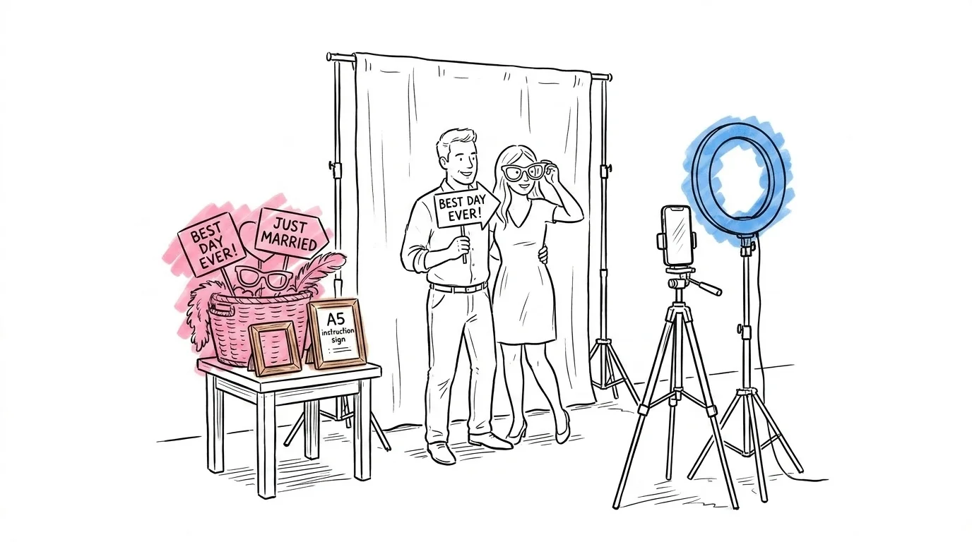 Komplett DIY-fotohörna i en bröllopslokal — tygbakgrund mellan stativ, sidobord med korg full av props, mobil på stativ med ringlampa och två gäster som poserar med rekvisita, Lovios illustrationsstil