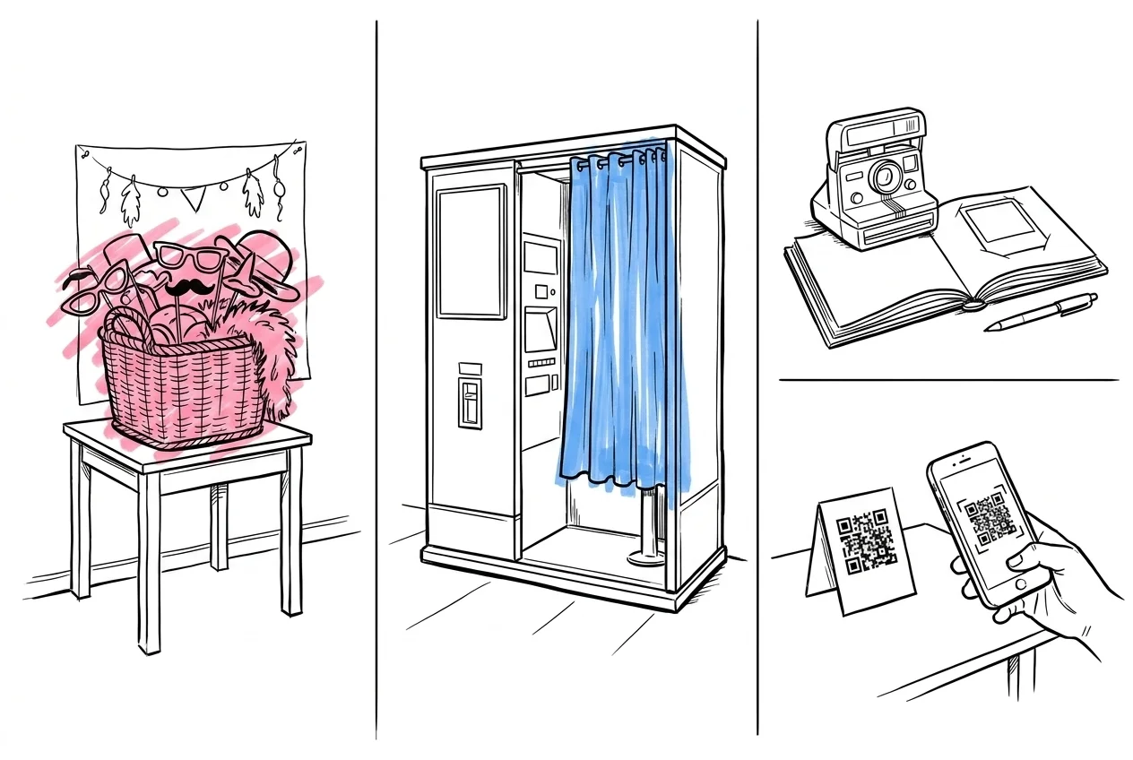 Fyra mini-vinjetter sida vid sida — en öppen bakgrund med korg av props, en sluten photobooth-kabin med ridå, en polaroidkamera med öppen bok och en mobil som scannar en QR-kod, Lovios illustrationsstil