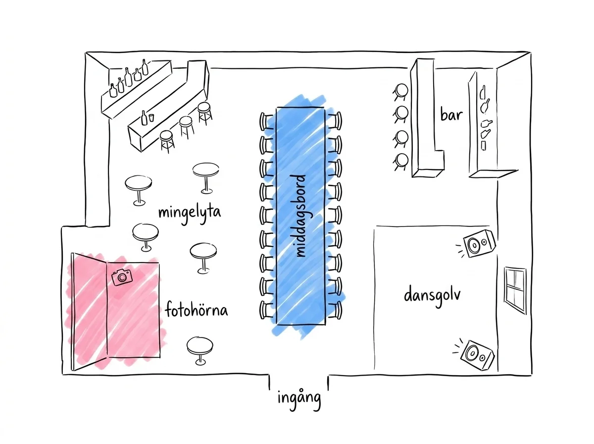 Fågelperspektiv-planlösning av en bröllopslokal — ett långbord, dansgolv med högtalare, bar i ett hörn, mingelyta vid ingången och fotohörnan markerad med en bakgrundsrektangel och en kamera-ikon nära mingelytan med fönstersymbol bredvid, schematisk planeringsskiss, Lovios illustrationsstil