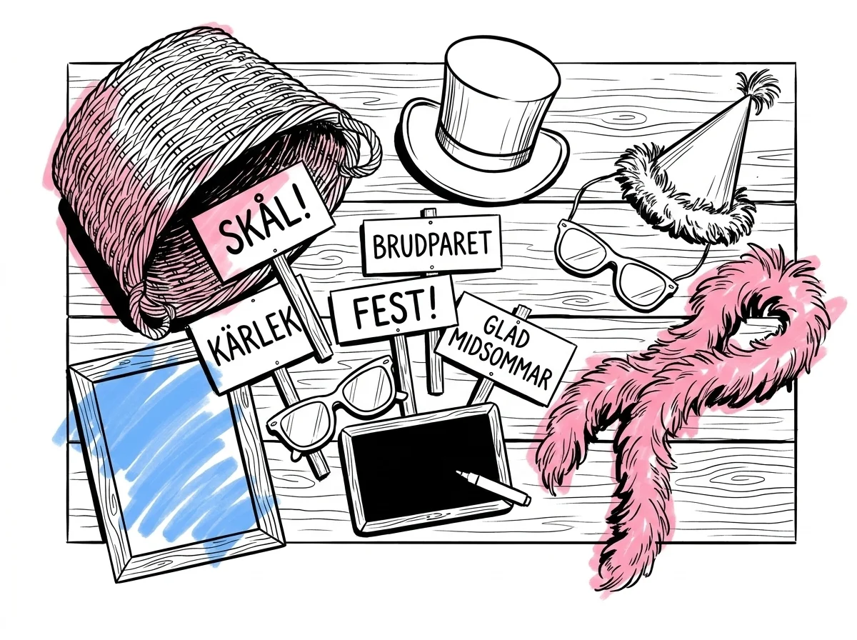 Flatlay av komplett props-kit utlagt som om det just packats upp i en flätad korg — 4–6 skyltar med korta svenska fraser, två lekfulla hattar, två stora glasögon, en tom träram, en fjäderboa och en liten griffeltavla, Lovios illustrationsstil