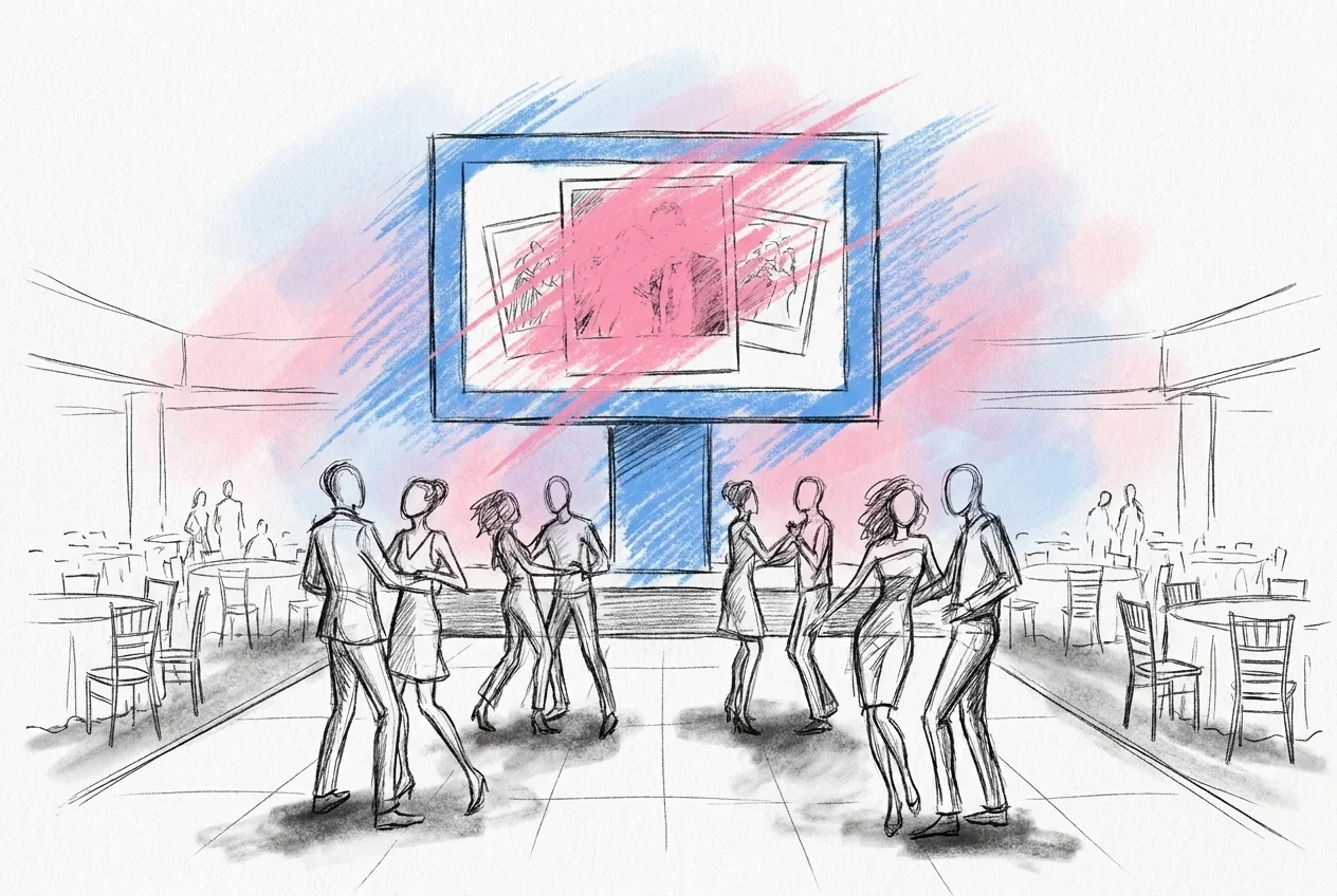 En bred vy över en bröllopslokal med en skärm som visar ett bildspel, siluetter av gäster som tittar upp mot skärmen från dansgolvet, i Lovios rosa och blå illustrationsstil