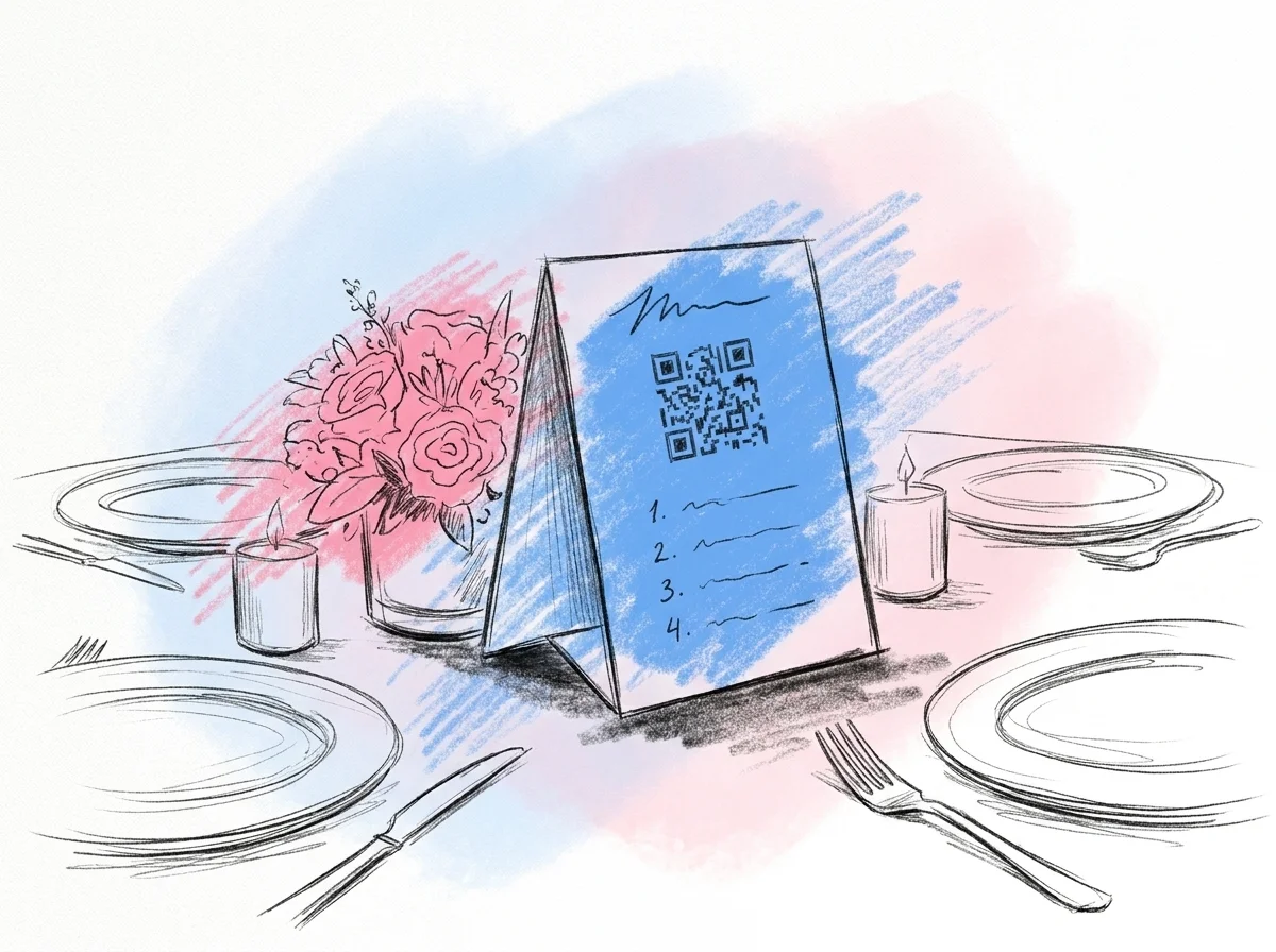 Ett printat bordskort som står upprätt på ett dukat middagsbord, med en QR-kod och en kort numrerad lista, placerat bland tallrikar och ljus, i Lovios rosa och blå illustrationsstil