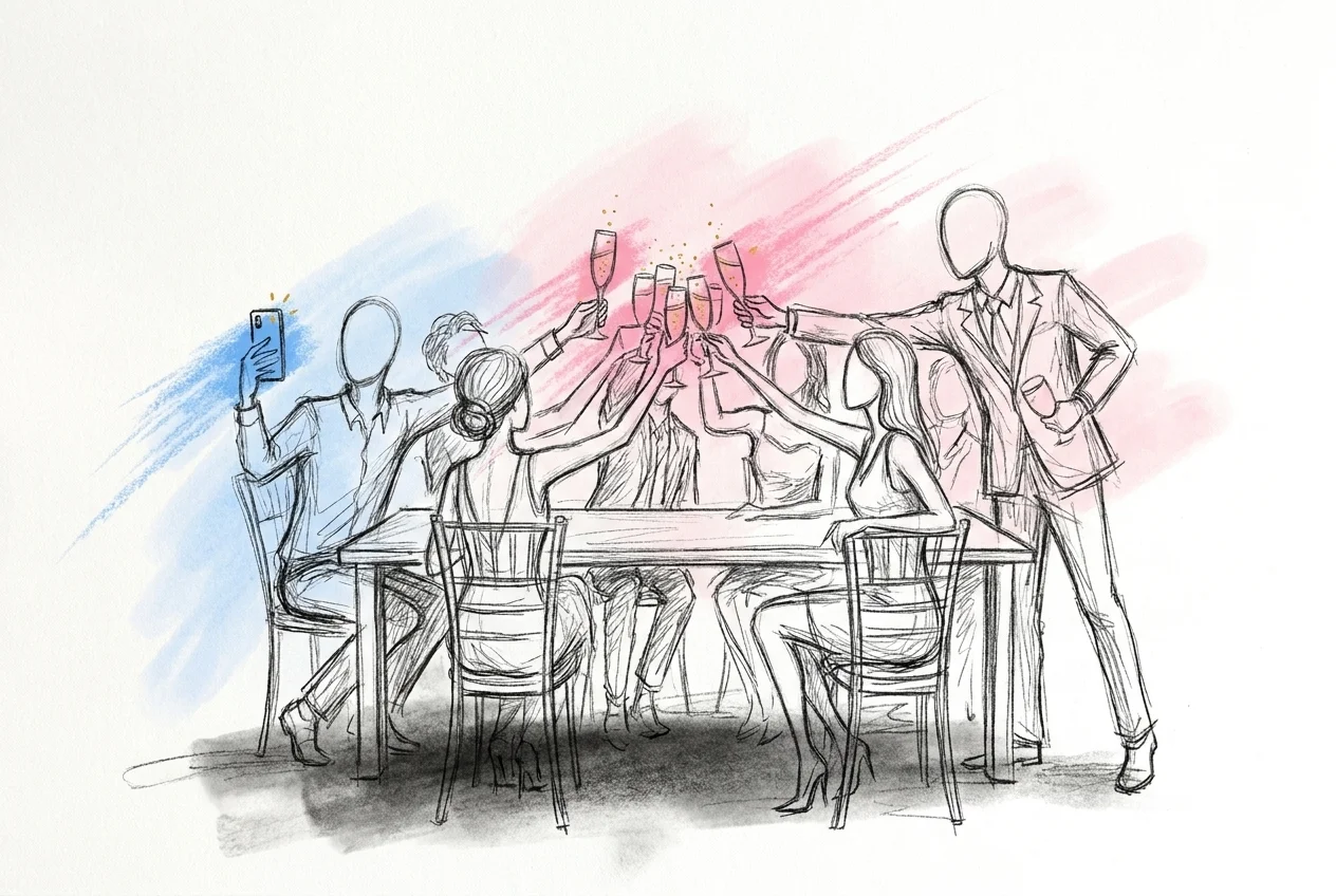 Ett helt bord bröllopsgäster höjer glasen tillsammans i en skål, en gäst håller upp mobilen för att fånga gruppbilden, i Lovios rosa och blå illustrationsstil